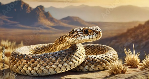 Ai generated realistic shot of rattles snake ,dramatic desert , closeup shot
