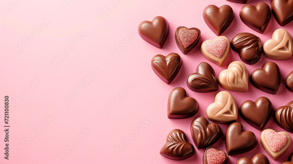 Chocolate hearts on pink background. Valentines day background. Top view. Chocolate hearts on pink background. Valentines day background. Top view.