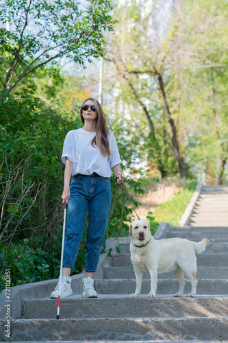 Young blind woman walking down the stairs in the park with a tactile cane and guide dog. 