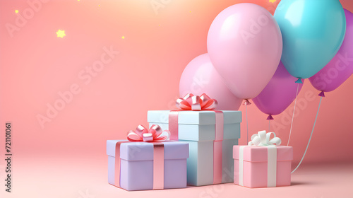 Happy birthday card with luxury balloons and ribbon,,
Gift box pastel background with party lights and balloons Pro Photo