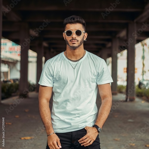 Man with sunglasses wearing white t-shirt posing