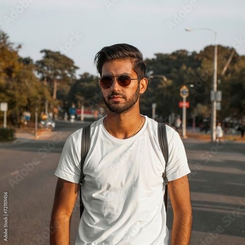 Man with sunglasses wearing white t-shirt posing © Emilian