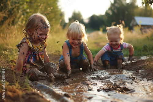 Group of toddlers happily sitting in a mud pit photo