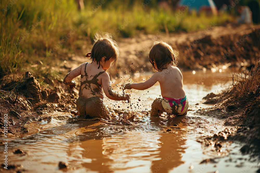 Toddlers in swimsuits are playing in a muddy pool or a shallow mud pit ...