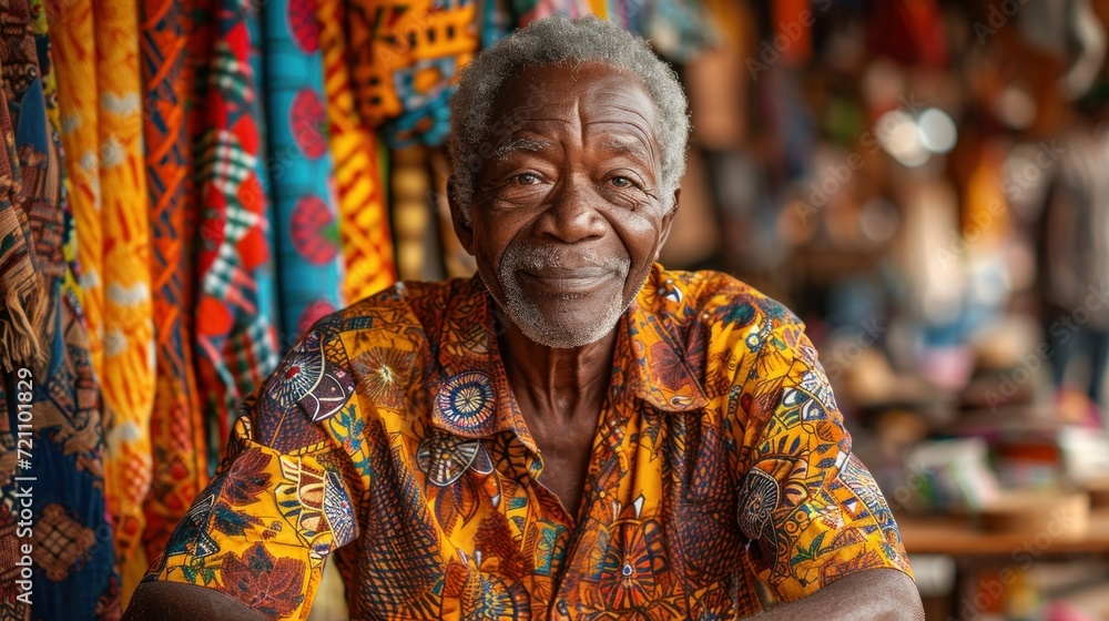 Vibrancy of Life : portrait of pleasant elder man wearing traditional patterns at the African Market Vibrancy of Life : portrait of pleasant elder man wearing traditional patterns at the African Market