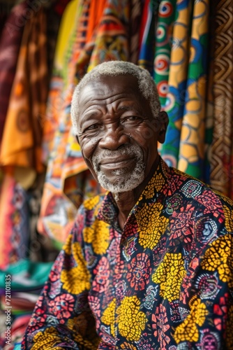 Vibrancy of Life : portrait of pleasant elder man wearing traditional patterns at the African Market