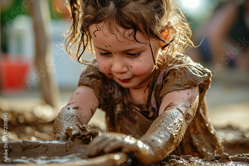 Toddlers playfully play in the mud.