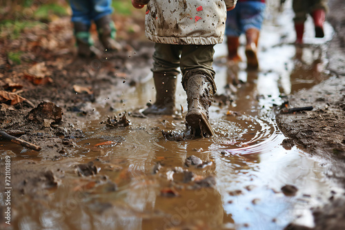 Toddlers walking through a shallow mud puddle