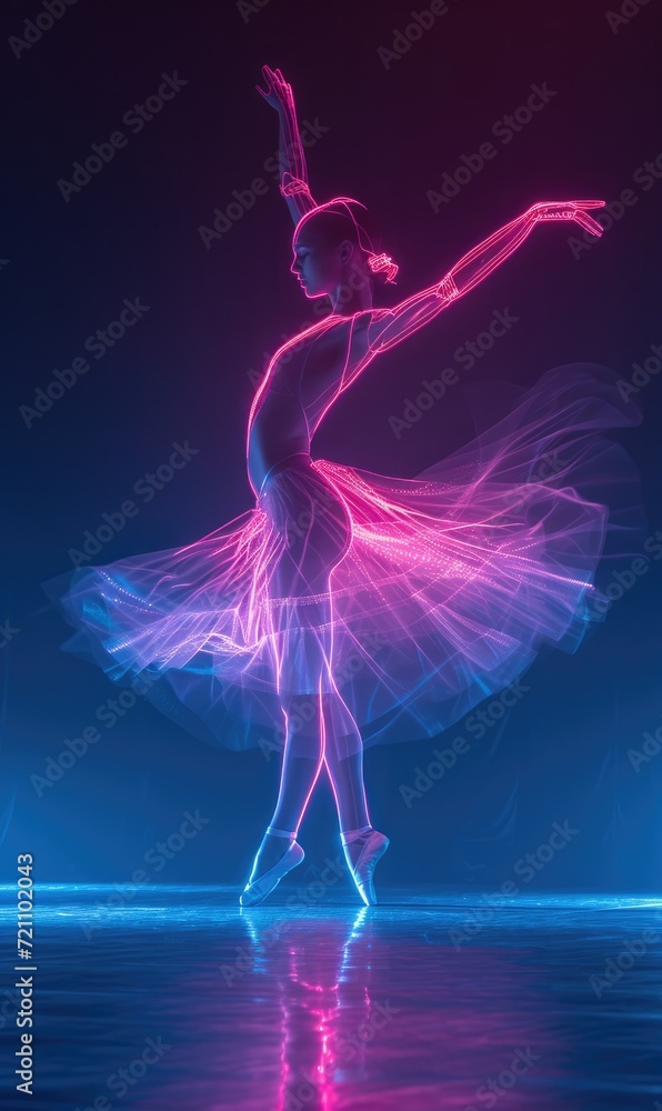 person performs on stage at a ballet, neon lines from light