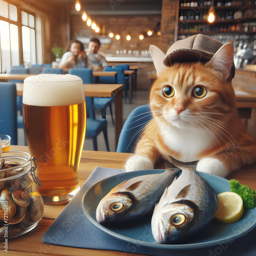 cat drinking beer in a restaurant