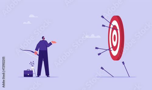 Failure missed business target, mistake or error concept, businessman trying to shoot arrows with bow to hit the bullseye but failed 