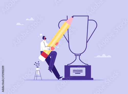 Success mindset, positive attitude to succeed, believe or confidence concept, businessman drawing trophy metaphor imagines success and victory
