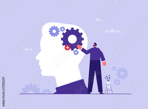 Learn new things or knowledge development for new skill concept, up skill, improve work qualification, businessman add new skill or gear into human head to upgrade working skill