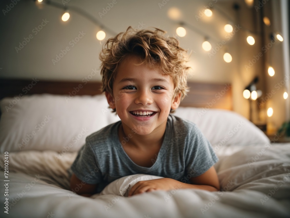 cute kid smiling in the bed, happy kid. Generative AI cute kid smiling in the bed, happy kid. Generative AI