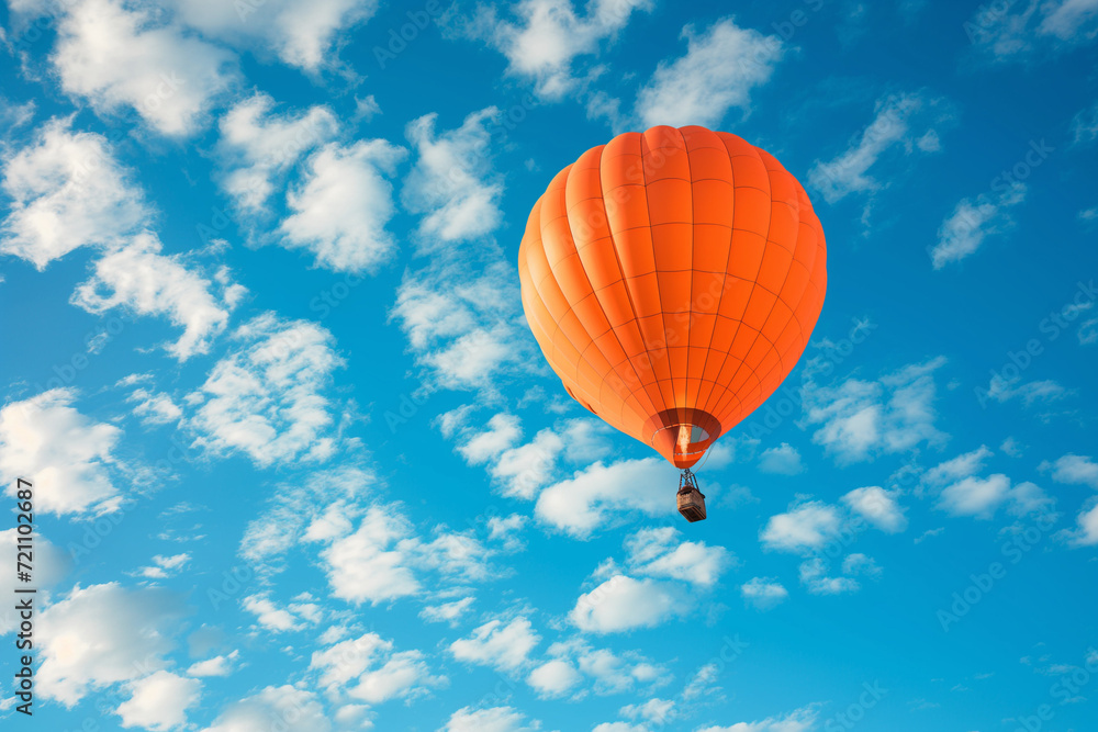 Fototapeta premium a large orange hot air balloon flying through a blue sky with fluffy clouds in the foreground and a blue sky with a few white clouds in the foreground