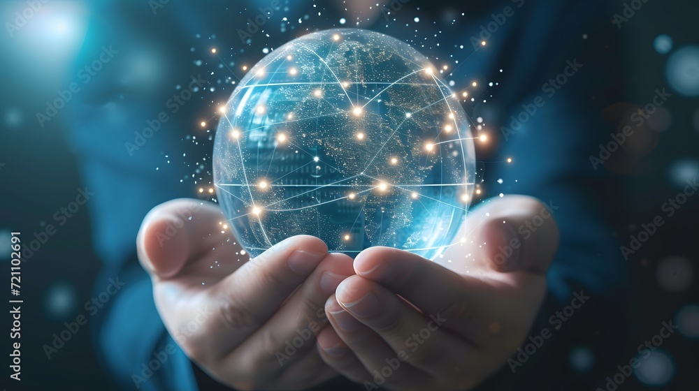 Pair of hands holding a transparent globe with digital connections and nodes superimposed over it, representing a network, global communication Pair of hands holding a transparent globe with digital connections and nodes superimposed over it, representing a network, global communication