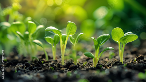 Seedlings sprouting in rich soil with sunlight.