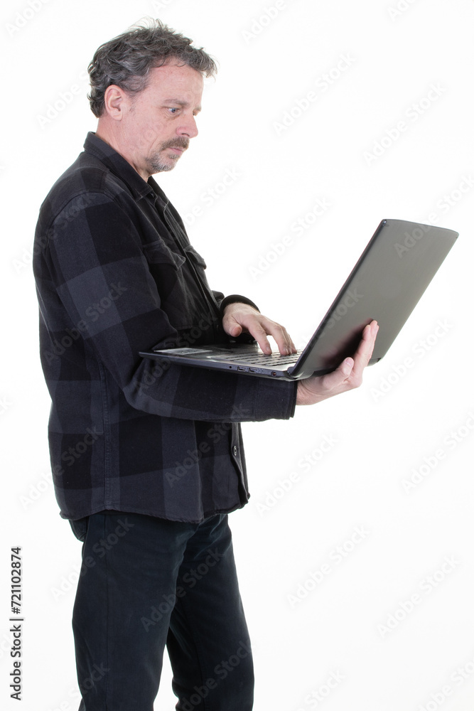 smiling man modern manager dressed in shirt flannel hipster holding laptop working on wireless computer standing middle aged on white background smiling man modern manager dressed in shirt flannel hipster holding laptop working on wireless computer standing middle aged on white background