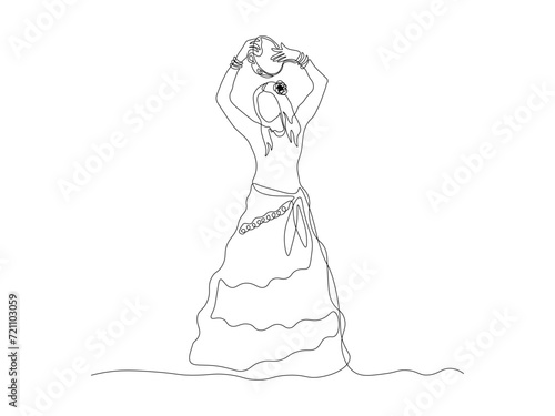 Abstract gypsy woman in a long national dress dancing with a tambourine in her hands,continuous one line art hand drawing sketch