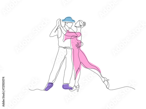 Abstract couple man and woman, dancer dancing tango,waltz ,continuous one line art hand drawing sketch