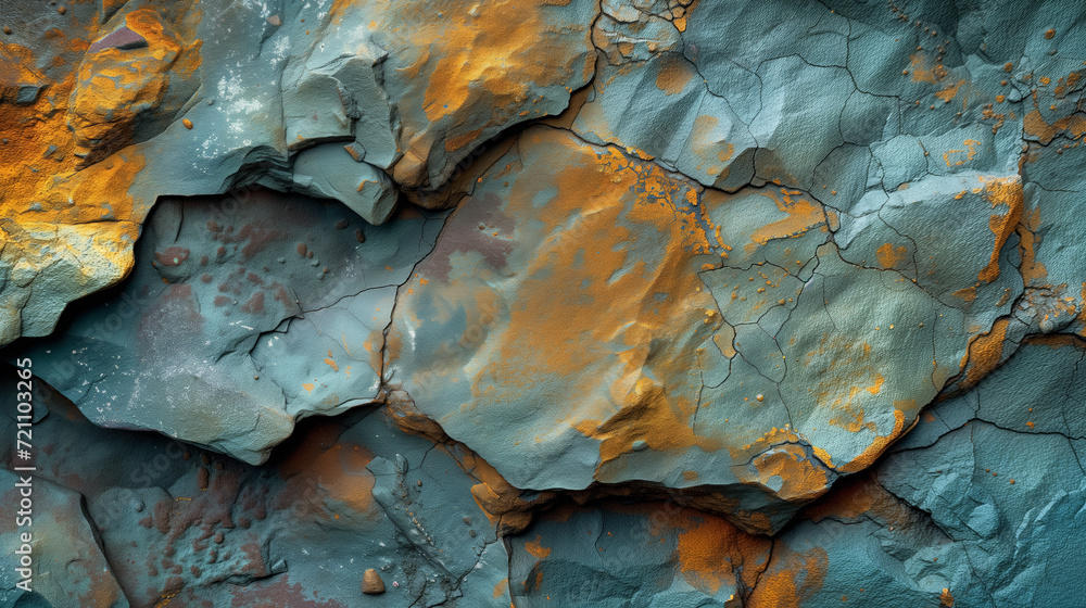 Textured rock surface with orange and blue hues.