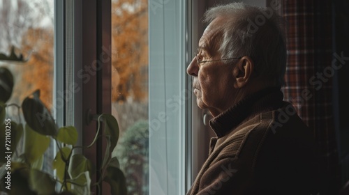 Sad depressed old man looking at window. Alone pensioner at retirement house. Lonely sad elderly person. Senior grandfather thinking about his life. Aged upset grandpa sit at home.