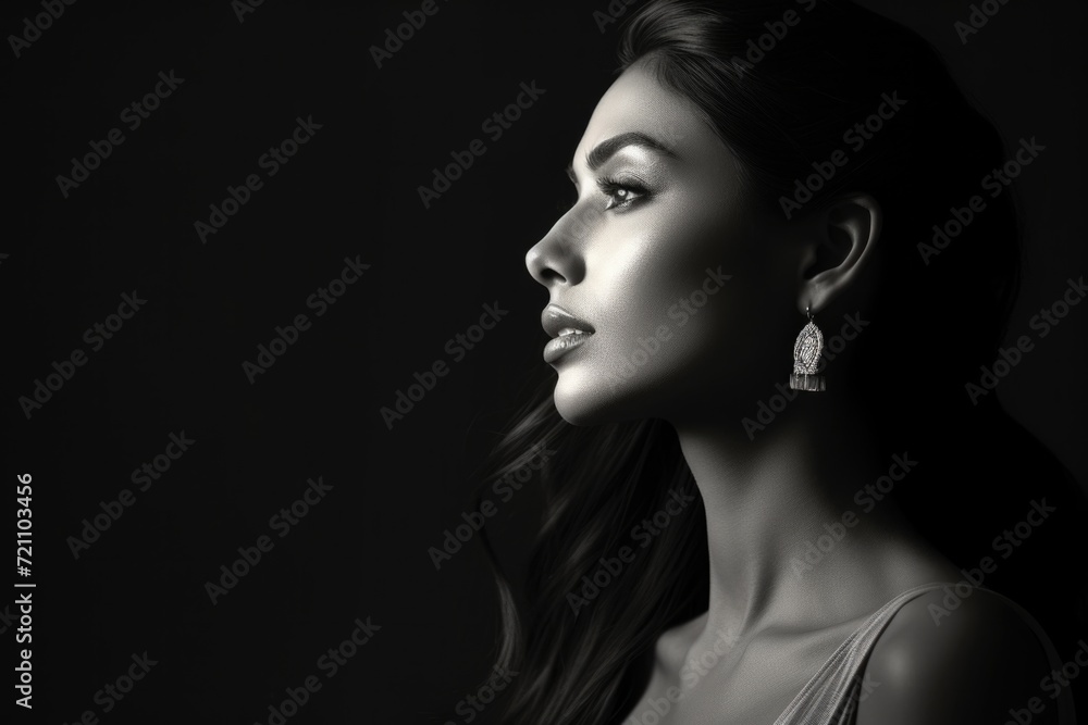 Black and white side portrait of a beautiful woman with the play of light and shadows Black and white side portrait of a beautiful woman with the play of light and shadows