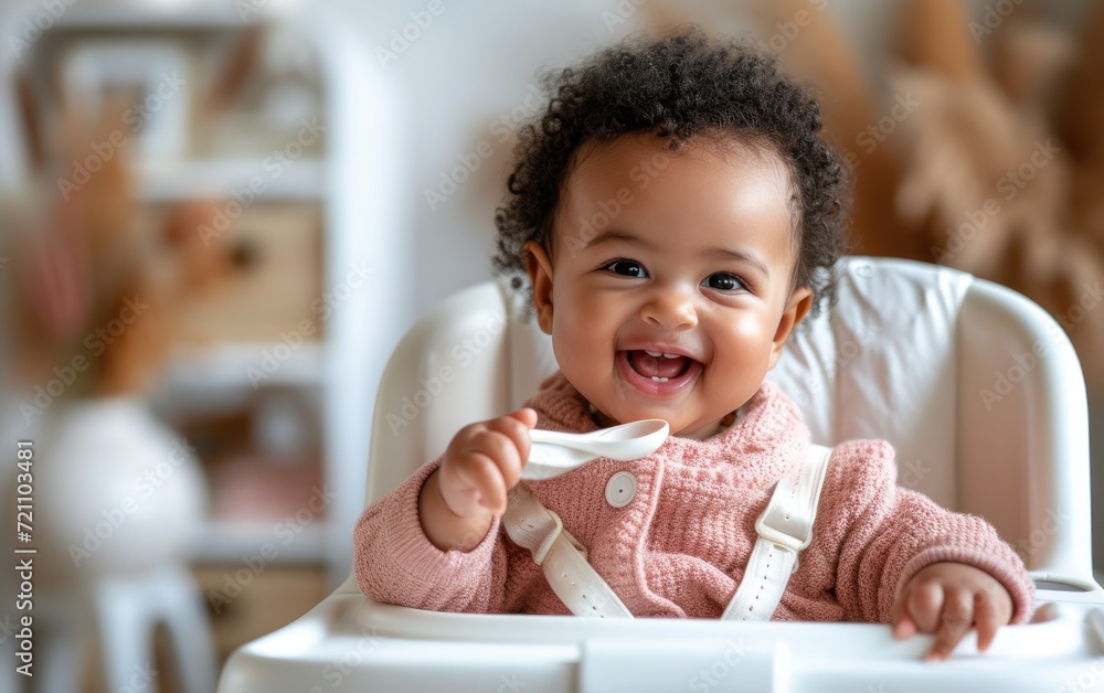 Afro Baby boy, sitting on high chair, holding a spoon Afro Baby boy, sitting on high chair, holding a spoon