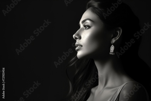 Black and white side portrait of a beautiful woman with the play of light and shadows