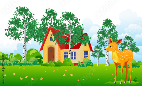 Landscape with many beautiful birch trees. Little cozy house in the back and a young fawn in the foreground. Vector illustration.