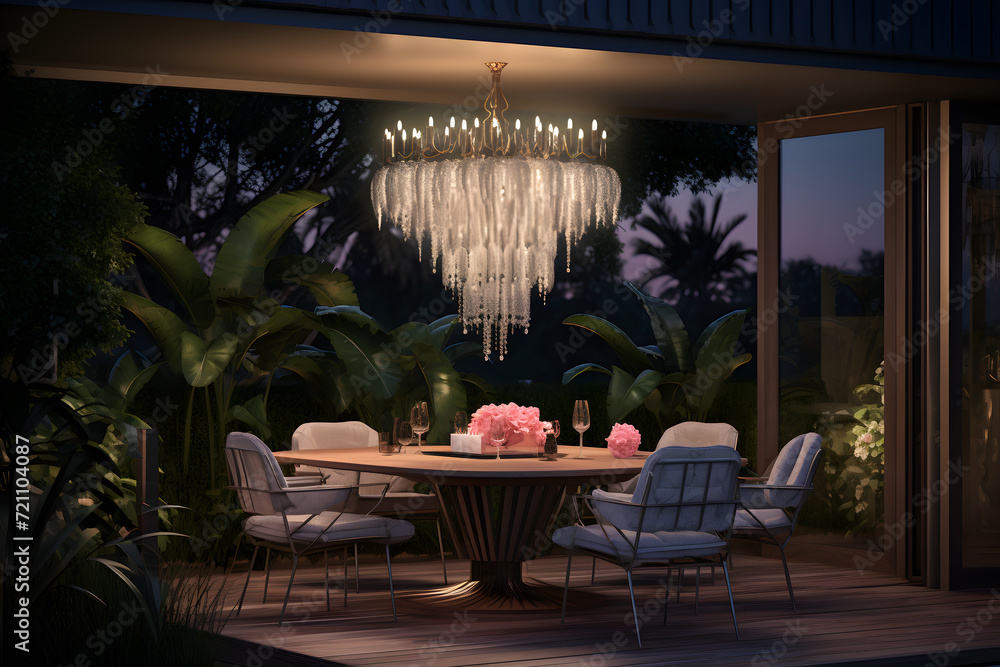 outdoor dining space with an Art Deco style dining table