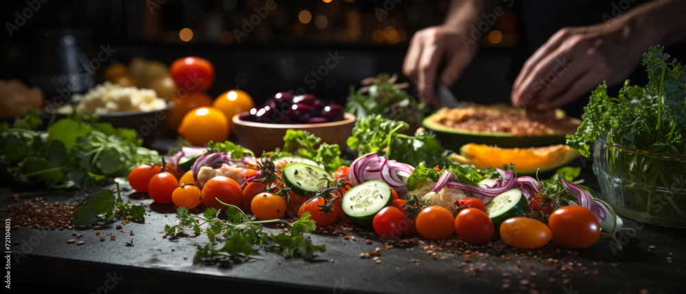 Obraz premium Chef Preparing Colorful Vegetable Dish
