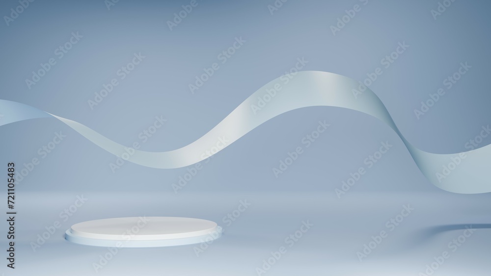 3D Rendering pastel blue background with ribbon and white podium 3D Rendering pastel blue background with ribbon and white podium
