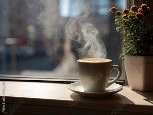 A steaming cup of coffee on a windowsill