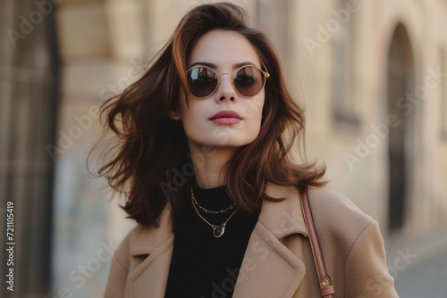 portrait of elegant french model in sunglasses walking on the street © Enrique