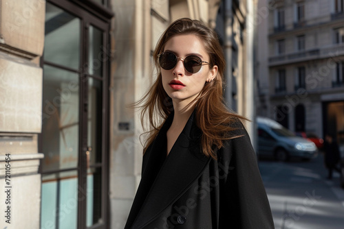 portrait of elegant french model in sunglasses walking on the street