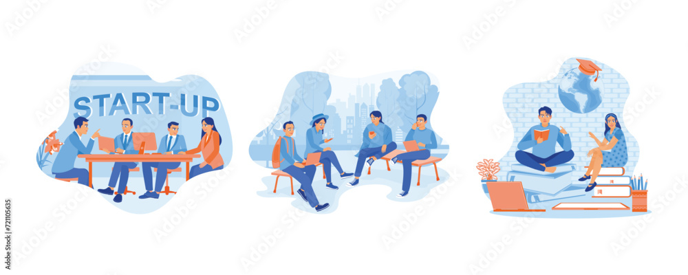 Team of people sitting at desk with laptops. Group of young university students learning and relaxing. Doing their homework. Set Flat vector illustration.