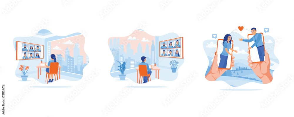 Beautiful girls having parties with friends online on a virtual screen. Host a party from home. A young couple communicates using a cell phone. set flat vector modern illustration