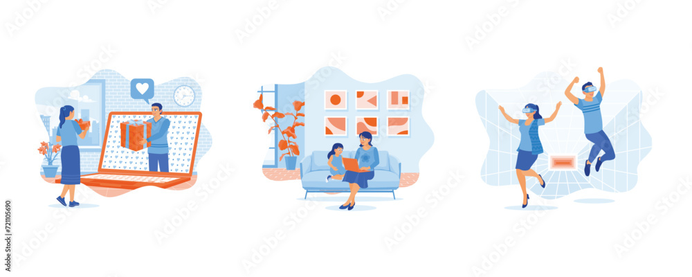 Long distance relationships and virtual dating. Young mother and daughter sitting on the living room sofa. Digital world. set flat vector modern illustration