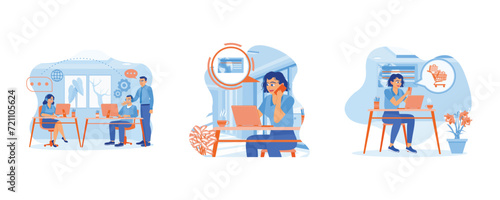 Business people working in a call center. Calling customer service at office. Woman Excited for Online Shopping. Woman with phone calling to customer support service concept. 
