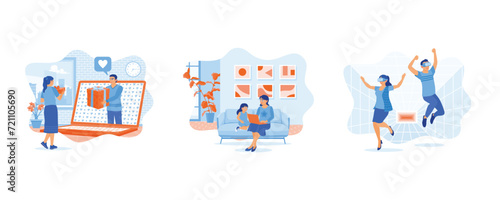 Long distance relationships and virtual dating. Young mother and daughter sitting on the living room sofa. Digital world. set flat vector modern illustration