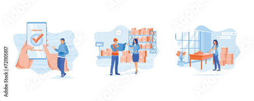 Online payment was successful. Woman checking merchandise in the warehouse. Businesswoman writing order on paper. set flat vector modern illustration