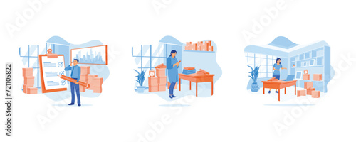 Order Confirmation concept. The businesswoman has an online business and works from home. I am using a laptop to check customer addresses before sending goods. set flat vector modern illustration