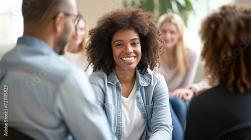 Professional therapists conduct an open group session and a comforting smile, emphasizing the importance of mental health and counseling.  photo