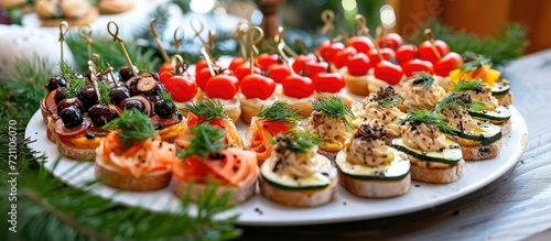 Appetizers for festive occasions served on a dish.