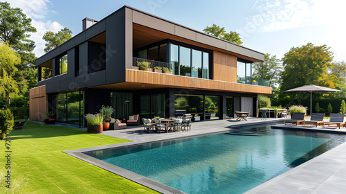 The exterior of a luxury minimalist cubic house with wooden cladding and black panel walls, landscaping design in the front yard, and a swimming pool © Somvang