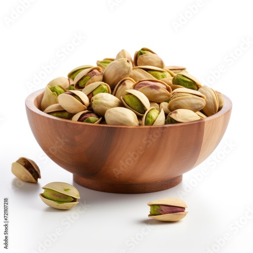 Pistachio nuts in wooden bowi isolated
