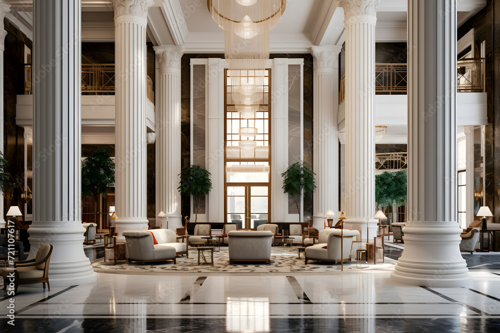 Condo Lobby with Grand Marble Columns and Chandel Condo Lobby with Grand Marble Columns and Chandel