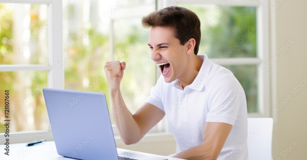 Fototapeta premium a man cheers in front of a laptop