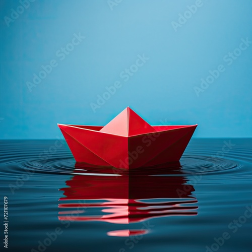 red paper boat sailing on water causing waves and ripples © MR. Motu